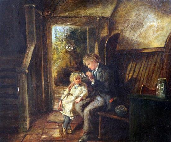 Victorian School Cottage interior with children blowing bubbles 10 x 12in.